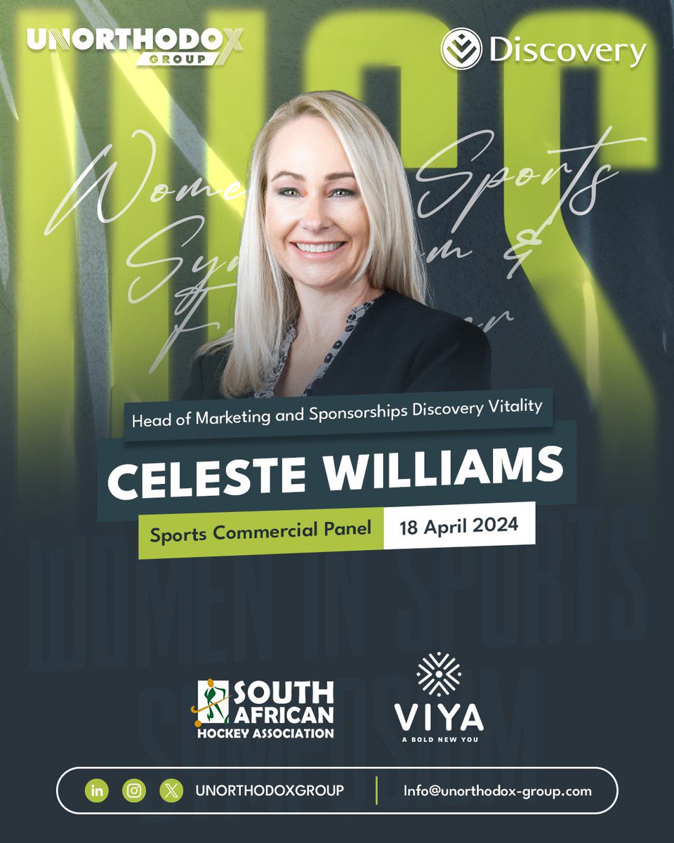 Head of Marketing and Sponsorships Discovery Vitality. Celeste Williams  will be on the Sports Commercial Panel.  
 
#womeninsports #workbyunorthodox #DiscoveryVitality