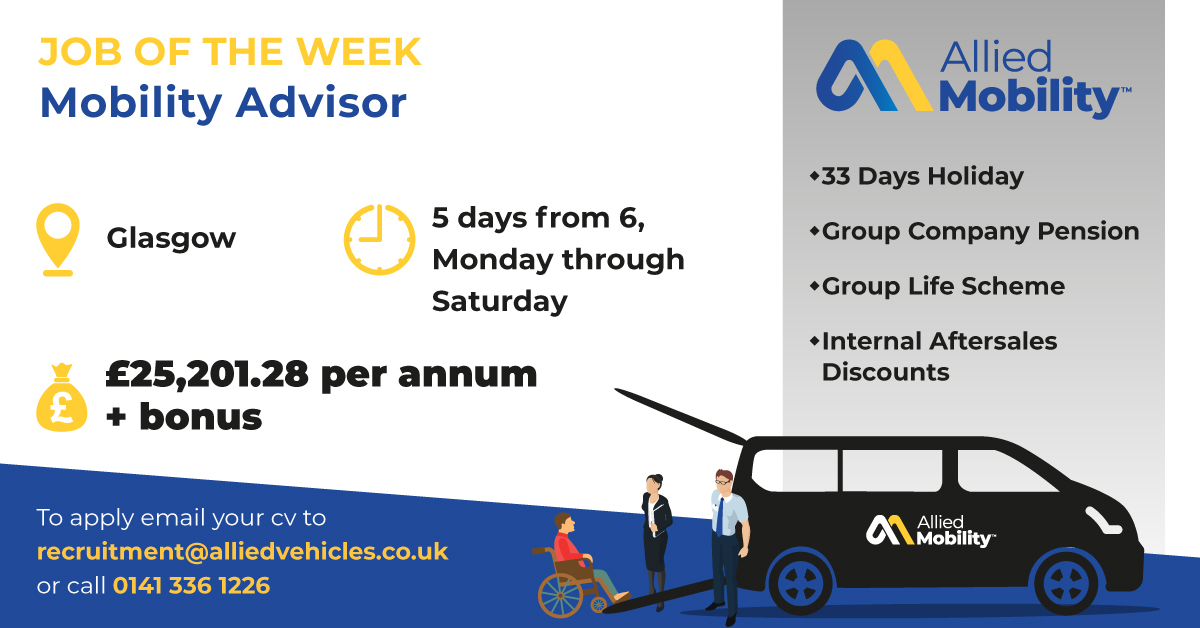 JOB OF THE WEEK: Mobility Advisor - Sales Mobility Team 📌 Glasgow Benefits include: • 33 Days Holiday • Group Company Pension • Group Life Scheme • Internal Aftersales Discounts • Industry Leading Benefits Portal Full job description at: careers.alliedvehiclesgroup.com/job/mobility-a…