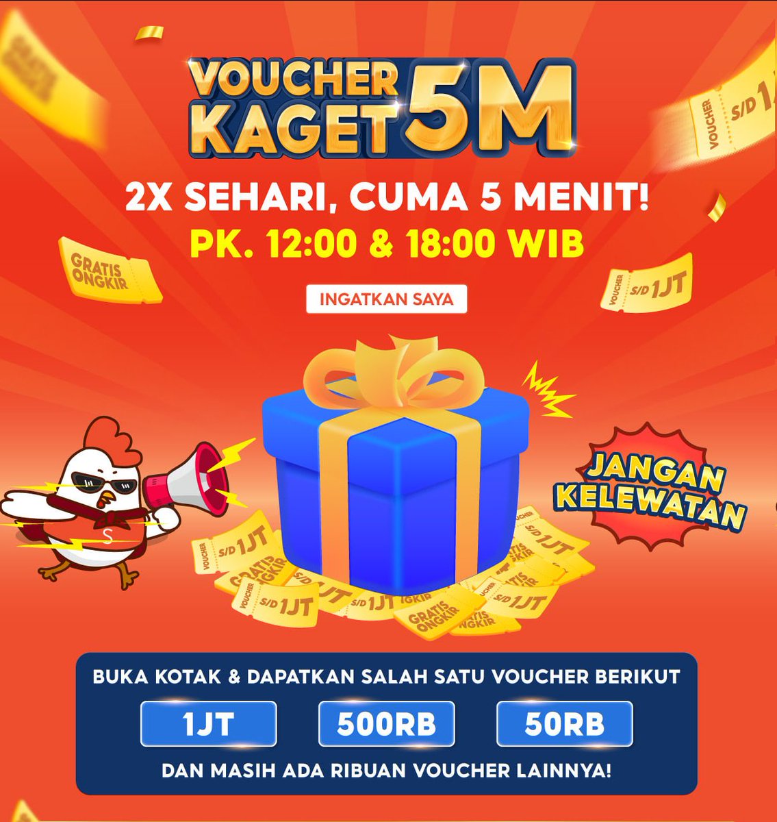 i_m_mortal_'s tweet photo. Shopee Voucher Kaget
🕕 18:00 | 15 Apr

*Buka kotak dan dapatkan voucher
*Voucher hanya berlaku sampai jam 18:05
*2 sesi dalam 1 hari (jam 12 dan 18)

Link Voucher Kaget
https://t.co/hvKLZ1NVCa

Link Browser
https://t.co/CWaG1jImbK

Link Halaman Promo
https://t.co/ja45iPp7ER https://t.co/xtgWtssIS0