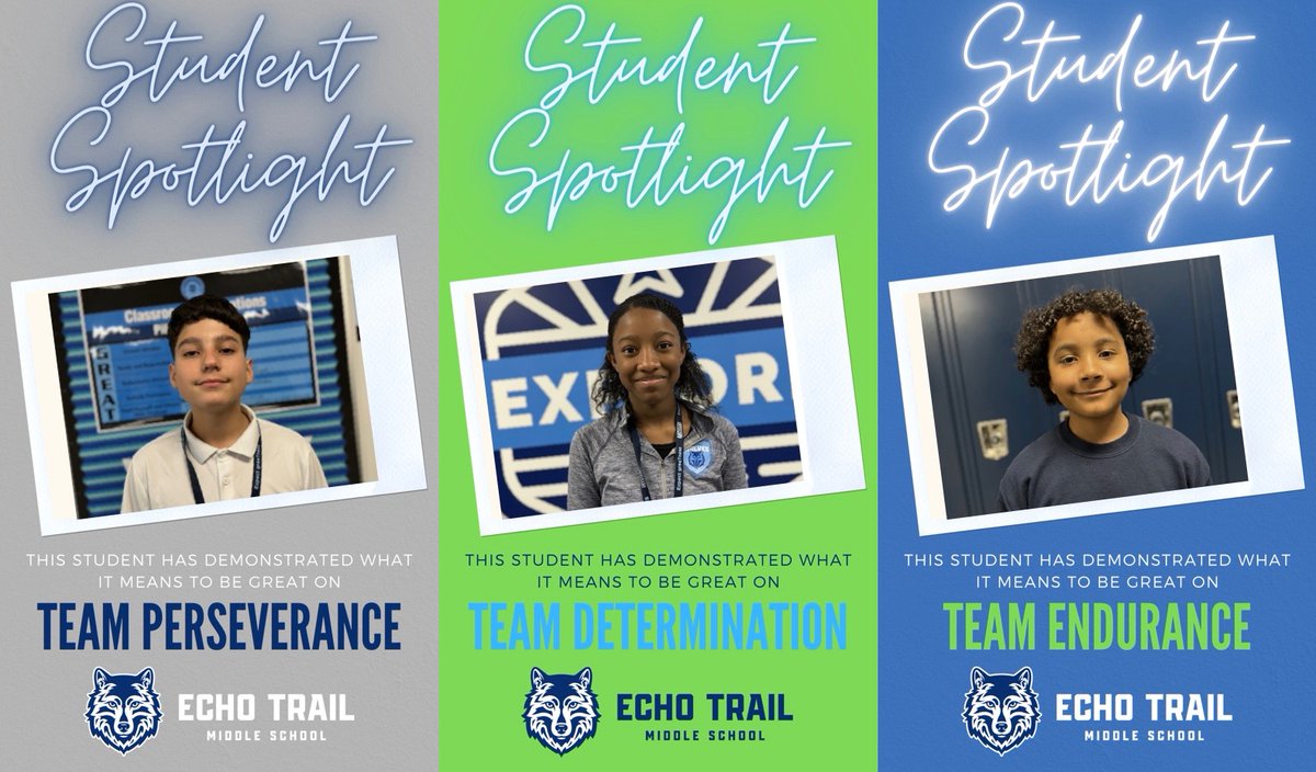 Our newest “Students of the Week”. Each student has demonstrated what it means to be G.R.E.A.T at Echo Trail. Perseverance-Kevin V. Determination-Jayanna P. Endurance-Isaiah B. #ExpectgreaTness