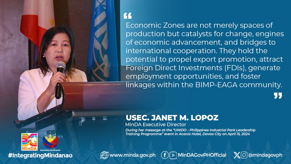 LOOK: MinDA Executive Director Usec. Janet Lopoz cites the importance of special economic zones in Mindanao's development. She also thanked @UNIDO_Phils for their commitment to fostering sustainable industrialization and economic growth in the country. #IntegratingMindanao