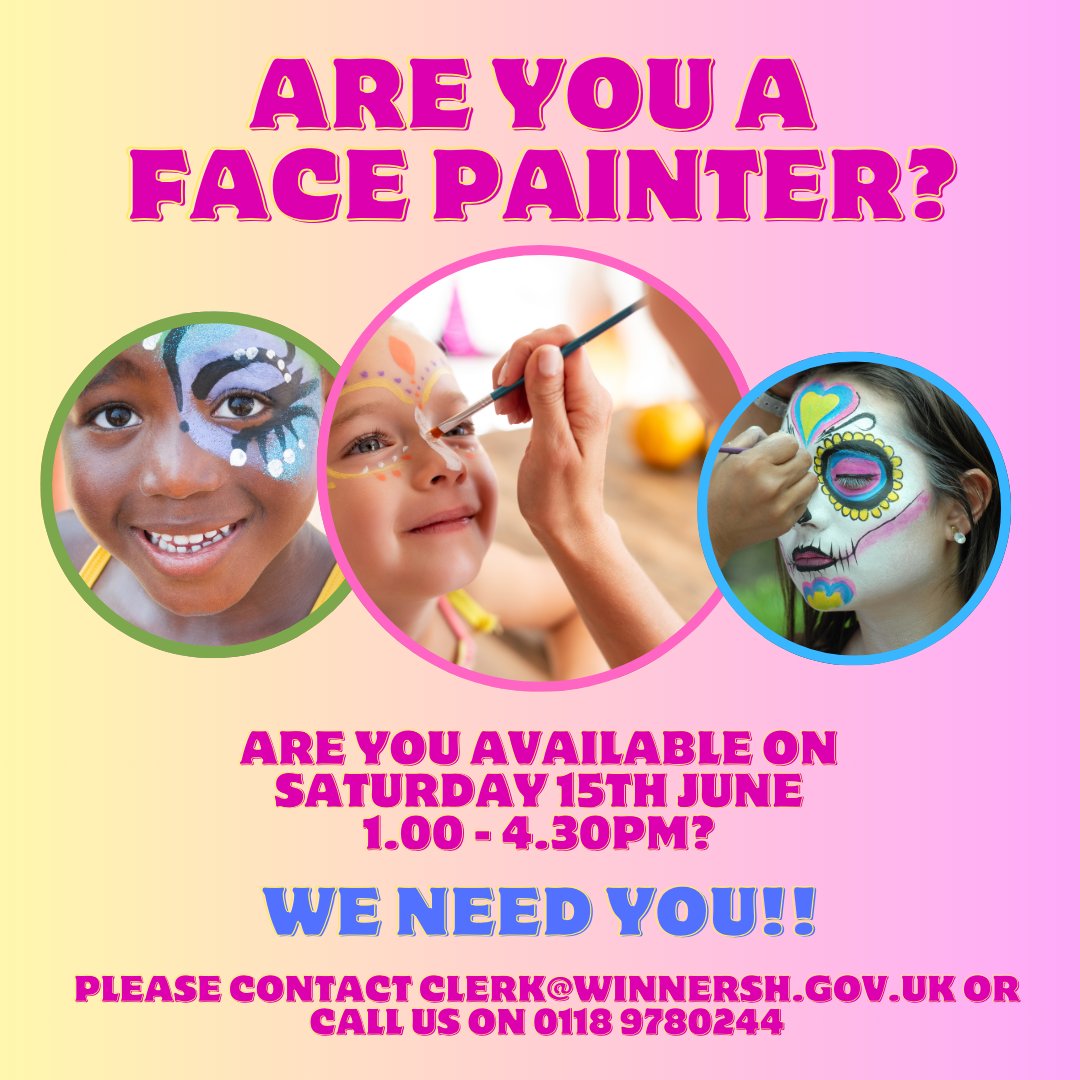 Are you a face painter and available on Saturday 15th June?
Winnersh Parish Council is looking for a face painter for this year’s Winnersh Summer Fete.

For more information please email clerk@winnersh.gov.uk or call 01189780244.

#winnersh #sindlesham #wokingham #woky