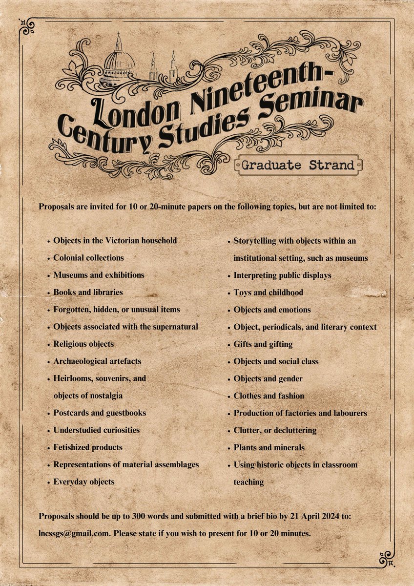 Only ONE WEEK left to send your proposals for the @LNCSSGS conference on ‘Storytelling through Objects in the Long Nineteenth Century’. For all PGRs and ECRs, this is a great opportunity to share your research and meet #19thC colleagues. Check out our full CFP and get submitting!