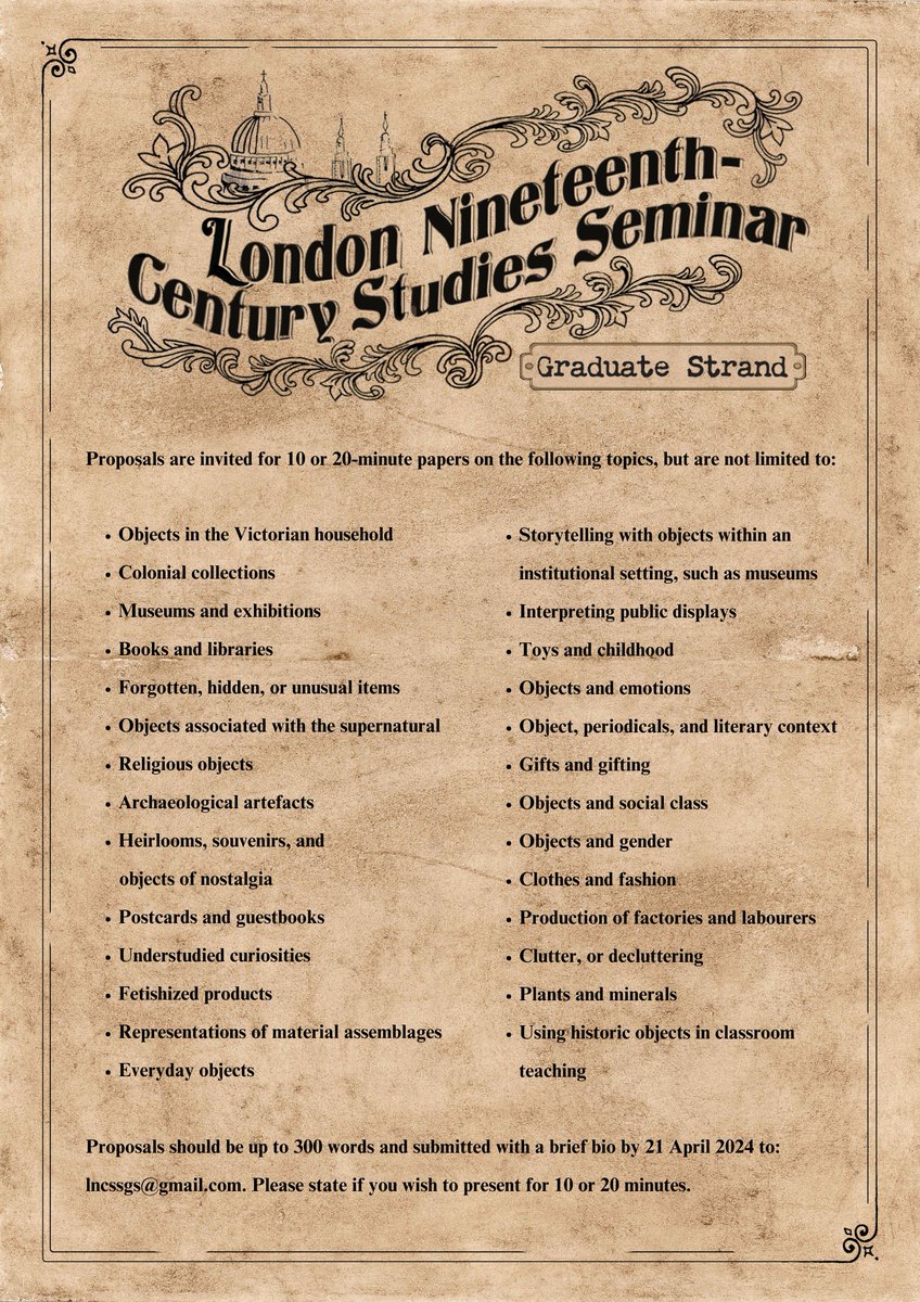 London 19C Studies Seminar ‘Grad Strand’ (@lncssgs) on Twitter photo Only ONE WEEK left to send your proposals for the <a href="/LNCSSGS/">London 19C Studies Seminar ‘Grad Strand’</a> conference on ‘Storytelling through Objects in the Long Nineteenth Century’. For all PGRs and ECRs, this is a great opportunity to share your research and meet #19thC colleagues. Check out our full CFP and get submitting! Only ONE WEEK left to send your proposals for the <a href="/LNCSSGS/">London 19C Studies Seminar ‘Grad Strand’</a> conference on ‘Storytelling through Objects in the Long Nineteenth Century’. For all PGRs and ECRs, this is a great opportunity to share your research and meet #19thC colleagues. Check out our full CFP and get submitting!