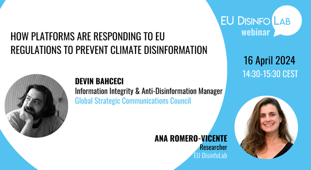 🟢 How platforms are responding to EU regulations to prevent climate #disinformation? Join our webinar with @DisinfoEU, TOMORROW 16/04 at 14:30 CEST, with @devinbahceci & @anicanaca! ➡️ calendar.boell.de/en/platforms-e… @BoellStiftung @caadcoalition #EP2024 #ClimateAction