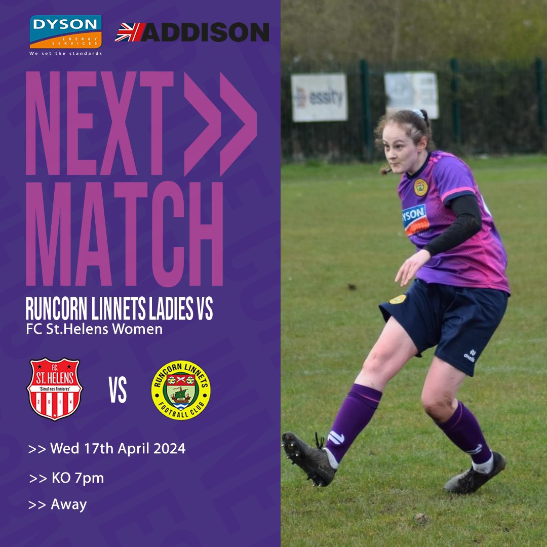 ⚽️🤩 Wednesday we go up against FC St.Helens Women! 📅 Wednesday 17th April @ 7pm 🆚 @fcsthelenswomen 🏆 League game 🏟️ Cowley International College, Hard Lane, St Helens, WA10 6PN Come down and show your support 💜 🙏🏼 Away kit sponsored by @DysonEnergy