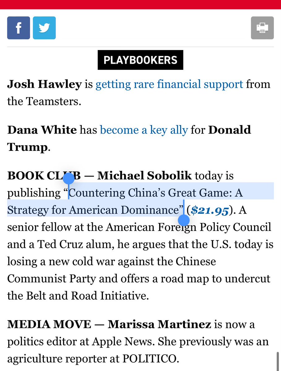 Not a bad way to kick off the book launch… Thanks for including “Countering China’s Great Game,” @playbookdc!