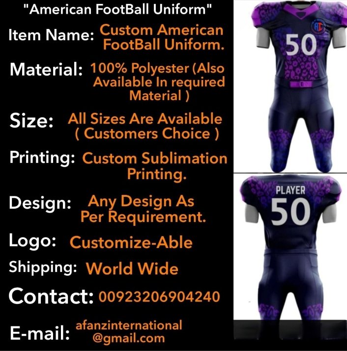 #AfanzInternational #AmericanFootballUniform #EuroSports #EuropeanStyle #FootballGear #FootballSeason #SialkotPunjab #TeamSports #SportswearManufacturer #QualityCraftsmanship #EuroTrends #GameDayReady #AthleticPerformance #GridironGlory #FootballLife #SportswearDesign