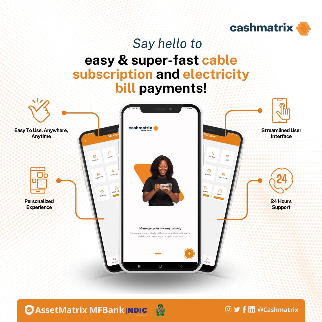 Say hello to easy & super-fast cable subscription and electricity bill payments!

Pay with Cashmatrix!
#DigitalBanking #MobileBanking #EasyBanking #SeamlessTransactions #DoItAllWithCashmatrix #CashmatrixApp