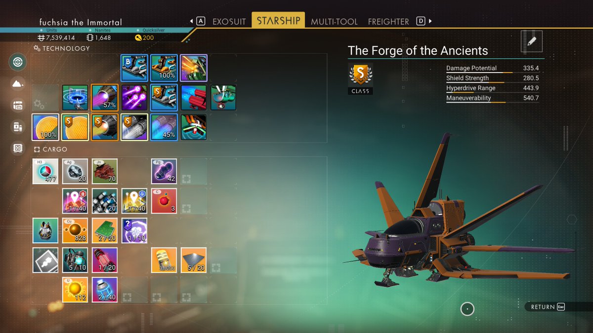 fuchsiebabe's tweet photo. I did it! I built a little S Class Fighter! I started a new save, (skipping tutorial) found the exact parts I wanted, saved up a load of nanites for a core, and built it exactly how I imagined it ✨ super rewarding! Stats are 💯, perfect procgen name. #NoMansSky #NoMansSkyOrbital https://t.co/db3MAChr7X