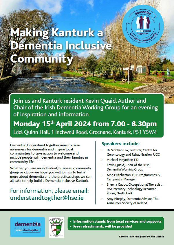 Join us tonight @ 7pm - 8.30pm for a Dementia awareness evening & get some practical tips on how to create a Dementia Inclusive Kanturk! with special guest speakers. All are welcome including those who run a local business, service or group