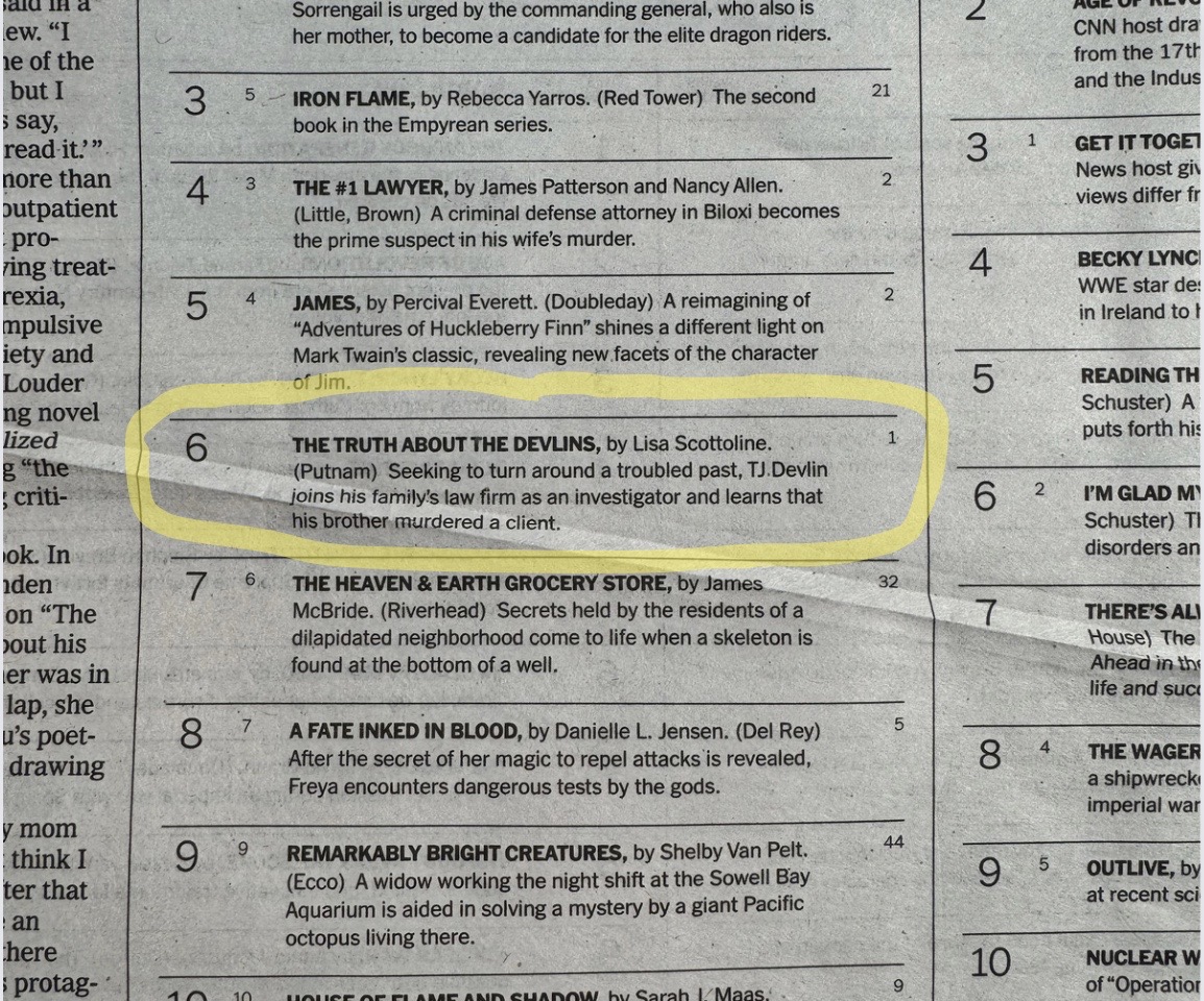 I’m so honored and thrilled when I open the newspaper and see THE TRUTH ABOUT THE DEVLINS on the @nytimes bestseller list! Much love and huge thanks to all those who supported the book! XOXOXO