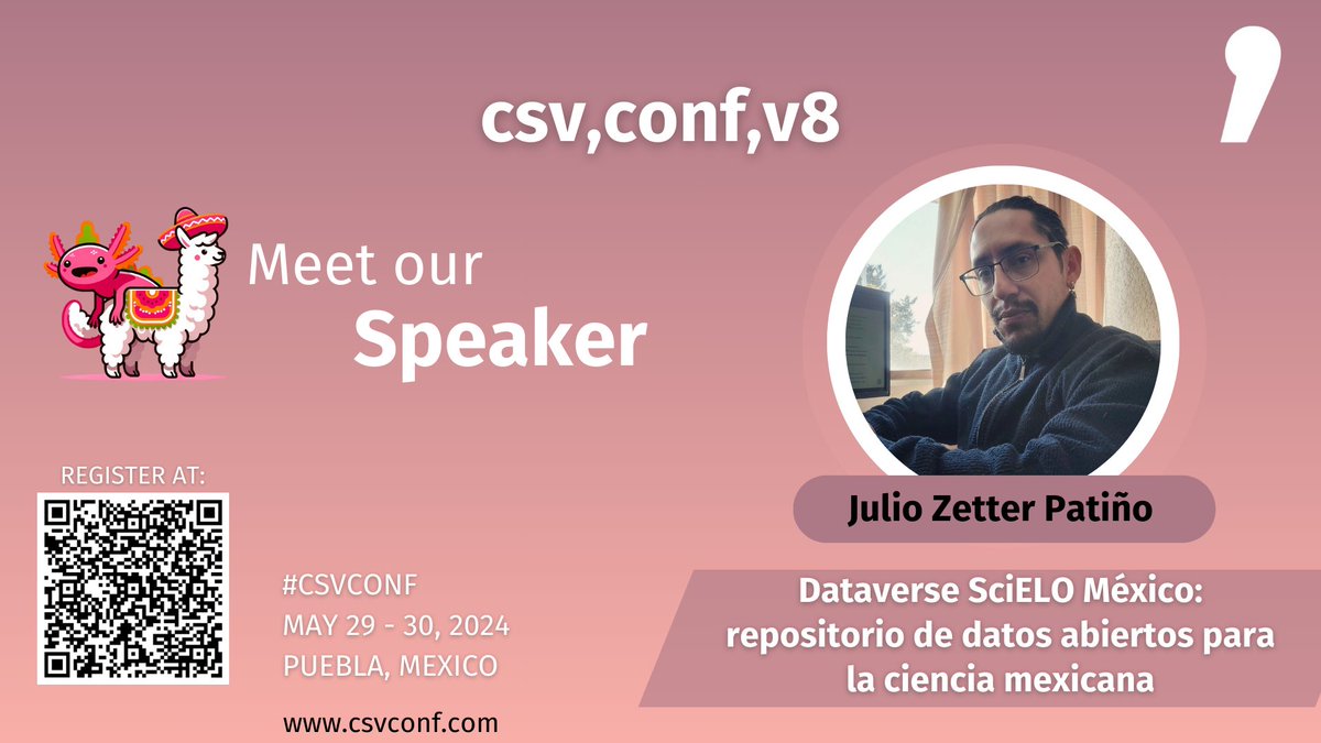 CSVConf @csvconf@mastodon.social (@csvconference) on Twitter photo 📣Julio Zetter Patiño participará en #CSVCONF presentando "<a href="/dataverseorg/">Dataverse Project</a> <a href="/scielomexico/">SciELO México</a>: repositorio de #DatosAbiertos para la ciencia mexicana"
⏰🎟️Plazas limitades, regístrate ahora! eventbrite.com/e/csvconfv8-ti…
📍<a href="/BUAPoficial/">BUAP</a> 🇲🇽
🗓️May 29-30
ℹ️csvconf.com 📣Julio Zetter Patiño participará en #CSVCONF presentando "<a href="/dataverseorg/">Dataverse Project</a> <a href="/scielomexico/">SciELO México</a>: repositorio de #DatosAbiertos para la ciencia mexicana"
⏰🎟️Plazas limitades, regístrate ahora! eventbrite.com/e/csvconfv8-ti…
📍<a href="/BUAPoficial/">BUAP</a> 🇲🇽
🗓️May 29-30
ℹ️csvconf.com