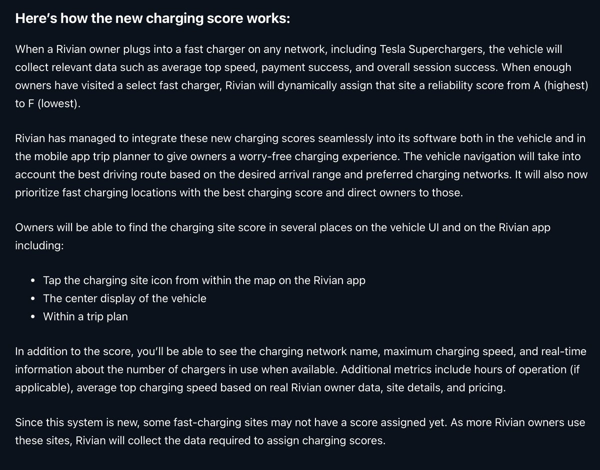 Rivian has been collecting charging session data for a while now. That's how they know the reliability of Electrify America is terrible. We all knew this, but they will now be able to show it in-vehicle. We can avoid derated, unavailable, and generally bad chargers much more…