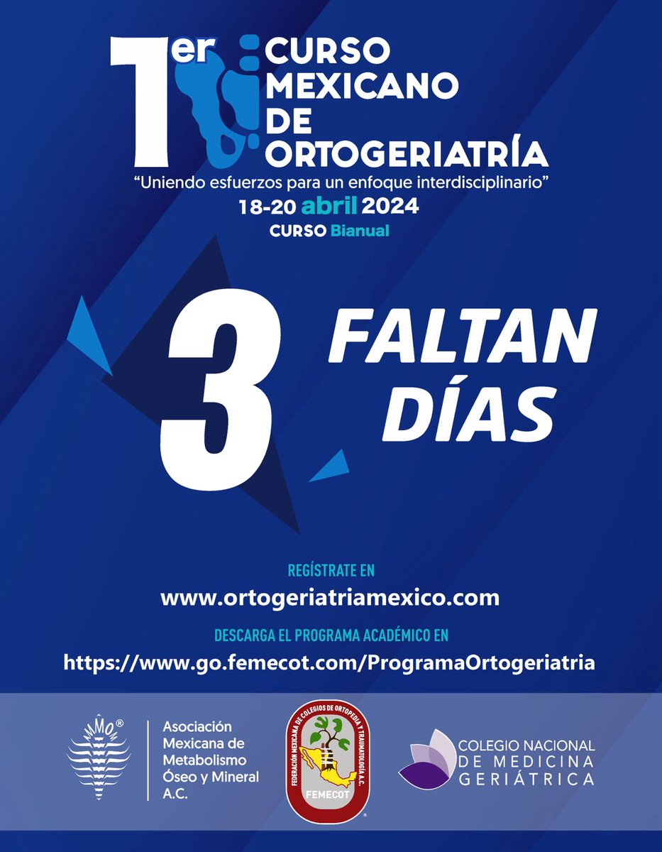 Estamos a pocos días para que inicie el Curso Mexicano de #Ortogeriatría, aún estás a tiempo para registrarte en la página: 📌 ortogeriatriamexico.com Evento Académico organizado en colaboración con: @eventosfemecot COLEGIO NACIONAL DE MEDICINA GERIÁTRICA #AMMOM