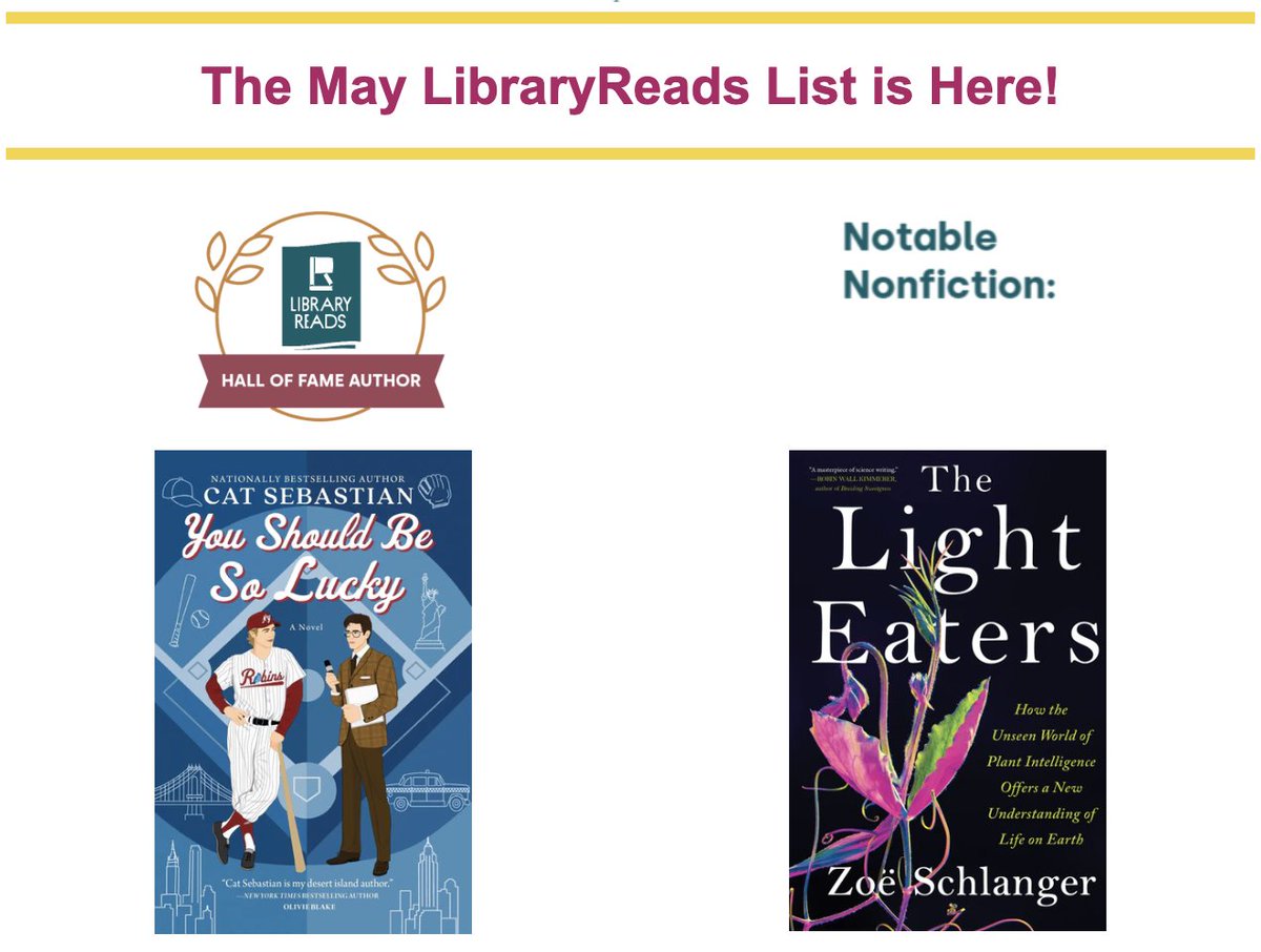 The May LibraryReads List is here! 

Cat Sebastian's YOU SHOULD BE SO LUCKY made the LibraryReads Hall of Fame & Zoë Schlanger's THE LIGHT EATERS was the notable nonfiction pick! Congratulations to both! 

Hear the authors' acceptance speeches here: on.soundcloud.com/uCrtPrzQDjuXvx…