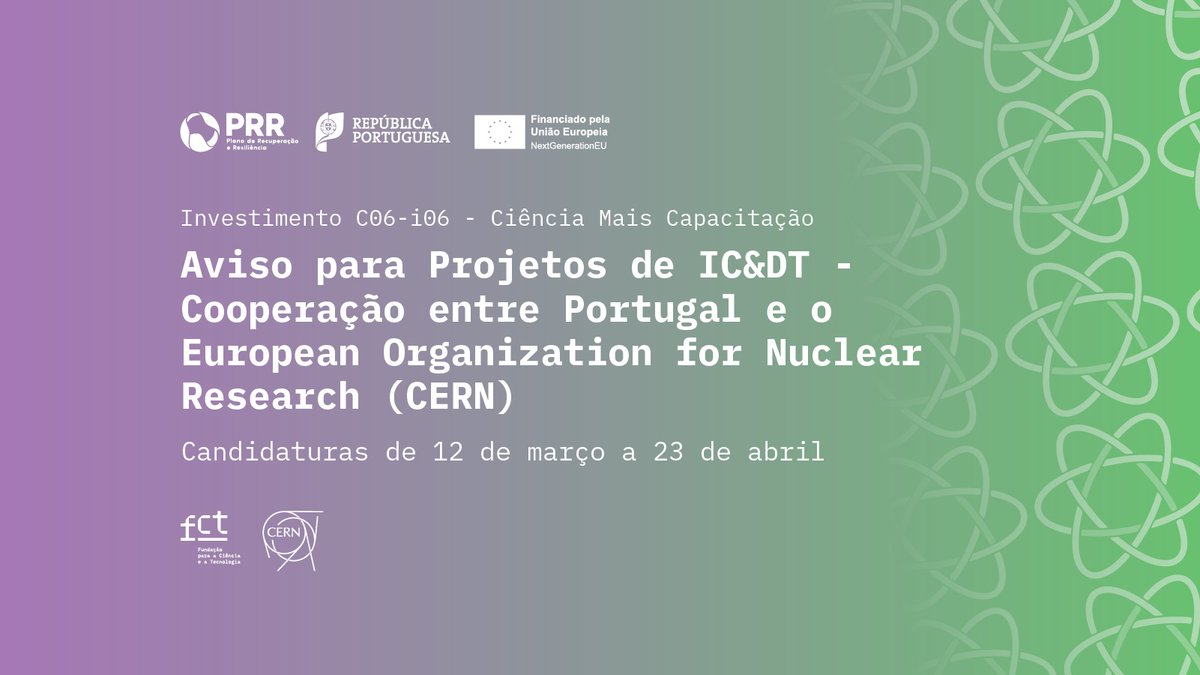 Atenção: dia 23 de abril é o último dia para a submissão de candidaturas a Projetos de IC&DT – Cooperação entre Portugal e o @CERN. Mais informação: fct.pt/projetos-de-ic…