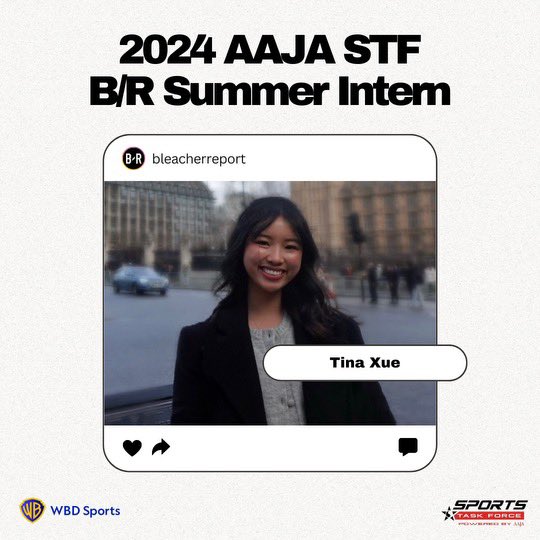 BIG CONGRATS - announcing our 2024 interns for both @espn and @bleacherreport!! 👏👏👏 #ESPN: @anish_vasu B/R @wbd: @tinaaxue Both emerged from crowded & quality field! Looking forward to some great experiences at both, Anish and Tina!! Congrats again!! 🙂 #AAJAkudos @aaja