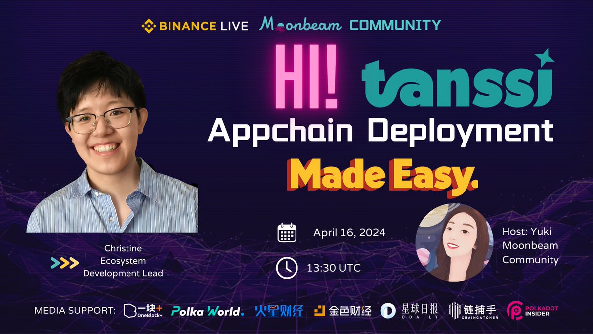 Did you know? You can deploy a public chain in just🔟 minutes! 

Join @TanssiNetwork 's Business Development Head, Christine, on @MoonbeamNetwork BinanceLive to learn how to leverage Tanssi for rapid deployment and development of app chains.

📅April 16, 2024, 13:30 UTC…