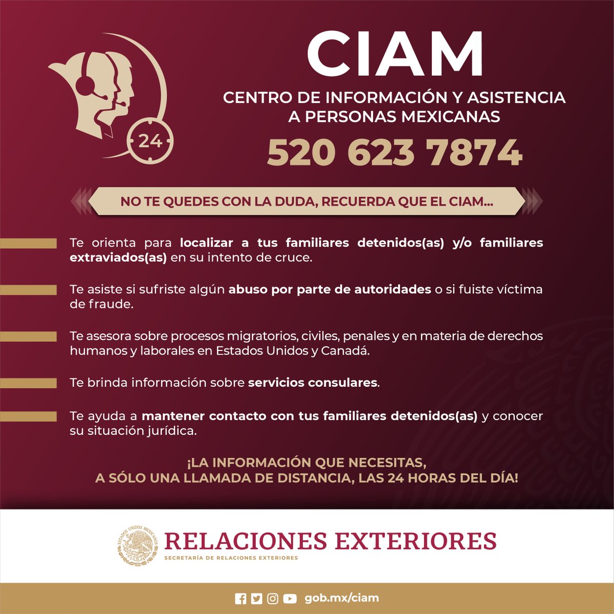 ¿Necesitas información sobre asuntos migratorios? Recuerda que llamando al #CIAM o acercándote a Consulmex Saint Paul  podemos brindarte orientación confiable y gratuita las 24 horas del día, los 7 días de la semana. #ProtecciónConsular