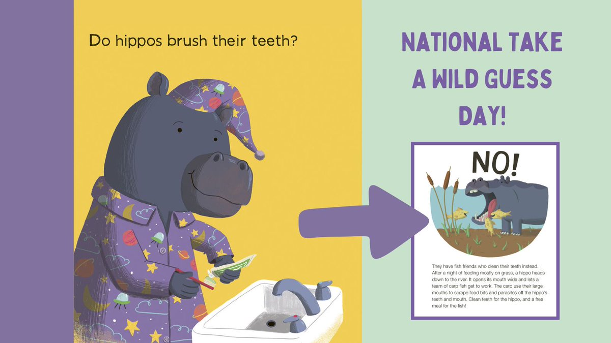 #NationalTakeAWildGuessDay Do tortoises take vitamins? Do badgers wash their hands? The final installment of the Do Animals? series is an interactive question-and-answer format perfect for reading out loud! Get DO HIPPOS BRUSH THEIR TEETH? here: ow.ly/HKo150RgnAC