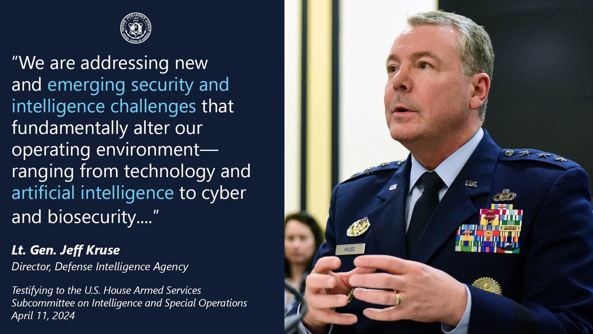 Last Thursday, DIA Director Lt. Gen. Jeff Kruse testified – along with two other national security leaders – before the House Armed Services Subcommittee on Intelligence and Special Operations. Learn more: armedservices.house.gov/hearings/iso-h…