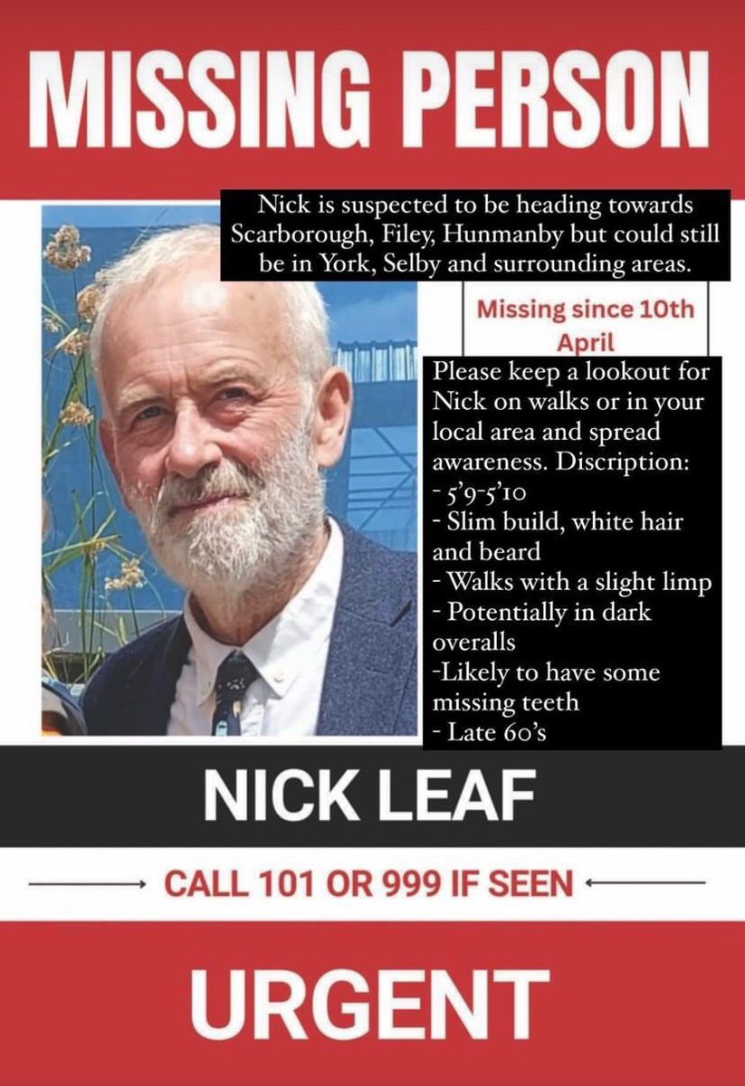 🚨 MISSING: Have you seen Nick Leaf?

Please read the below information. 👇

#YCFC 🔴🔵