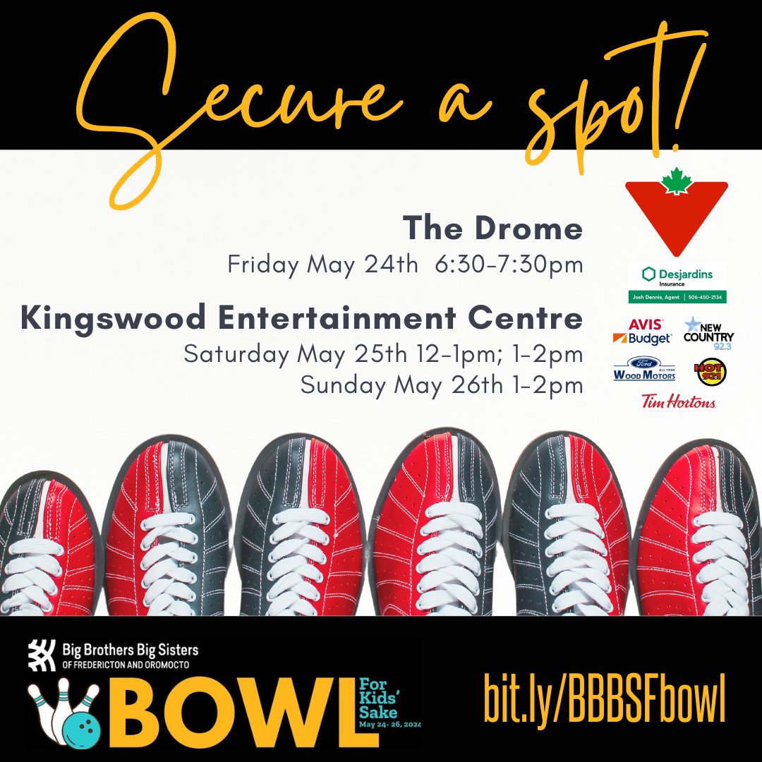 ✨SIX WEEKS until the 45th edition of Bowl for Kids' Sake in Fredericton!✨ There's still time to REGISTER as an individual or a team, FUNDRAISE to give kids a better tomorrow and then CELEBRATE with some bowling fun and prizes in late May: bit.ly/BBBSFbowl