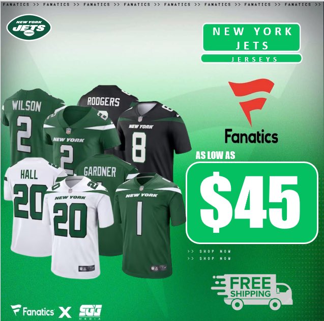 NEW YORK JETS JERSEY MEGA SALE, @Fanatics🏆 JETS FANS‼️Take advantage of Fanatics EXCLUSIVE offer and get New York Jets jerseys for AS LOW AS $45 with FREE SHIPPING today using THIS PROMO LINK: fanatics.93n6tx.net/JETSSALE 📈 ACT WHILE SUPPLIES LAST! 🤝