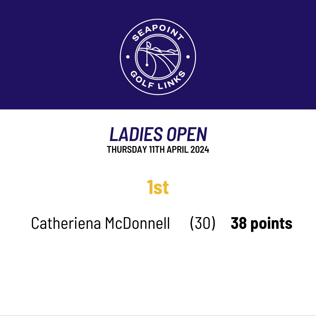 Ladies Open Results - Thursday 11th April ⛳ Congratulations to Catheriena with a great score of 38. If you would like to join us here at Seapoint for a round of golf you can book here: hubs.li/Q02sTY-B0