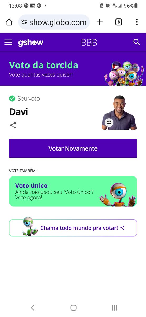renatha_lopes's tweet photo. Foco no Gshow 
O voto agora é pra quem você quer seja o campeão do BBB24, claro que somos #DaviCampeao 🏆 https://t.co/szLQufwcMM