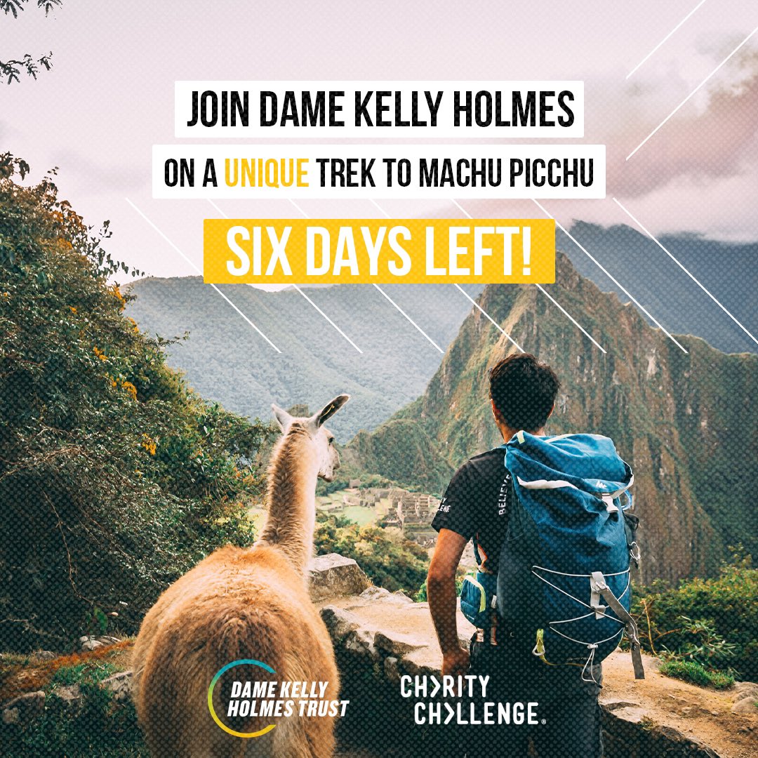 There are just six days left to secure your spot to join Dame Kelly Holmes on a unique trek to Machu Picchu! Don't miss out on this incredible experience, book your spot now: charitychallenge.com/expedition/393… @GivenGain | @CharityChall | #MachuPicchu | #MP24