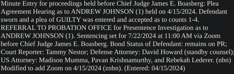 In another #TRIALUPDATE for Andrew Johnson, there wasn't any trial as he decided to plead GUILTY to all 4 charges instead. Sentencing set for 7/22/24.