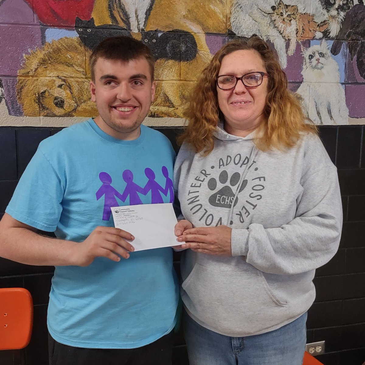 CSSCaresIL's tweet photo. Julie emerged victorious in our NCAA March Madness bracket! 🏀 She's donated half her earnings to the Effingham County Humane Society. 🐶🐱 Miles, a dedicated volunteer,  presented the check in her stead. Let's applaud Julie and our team for this incredible donation! #csscares https://t.co/RJ7boZo3ks