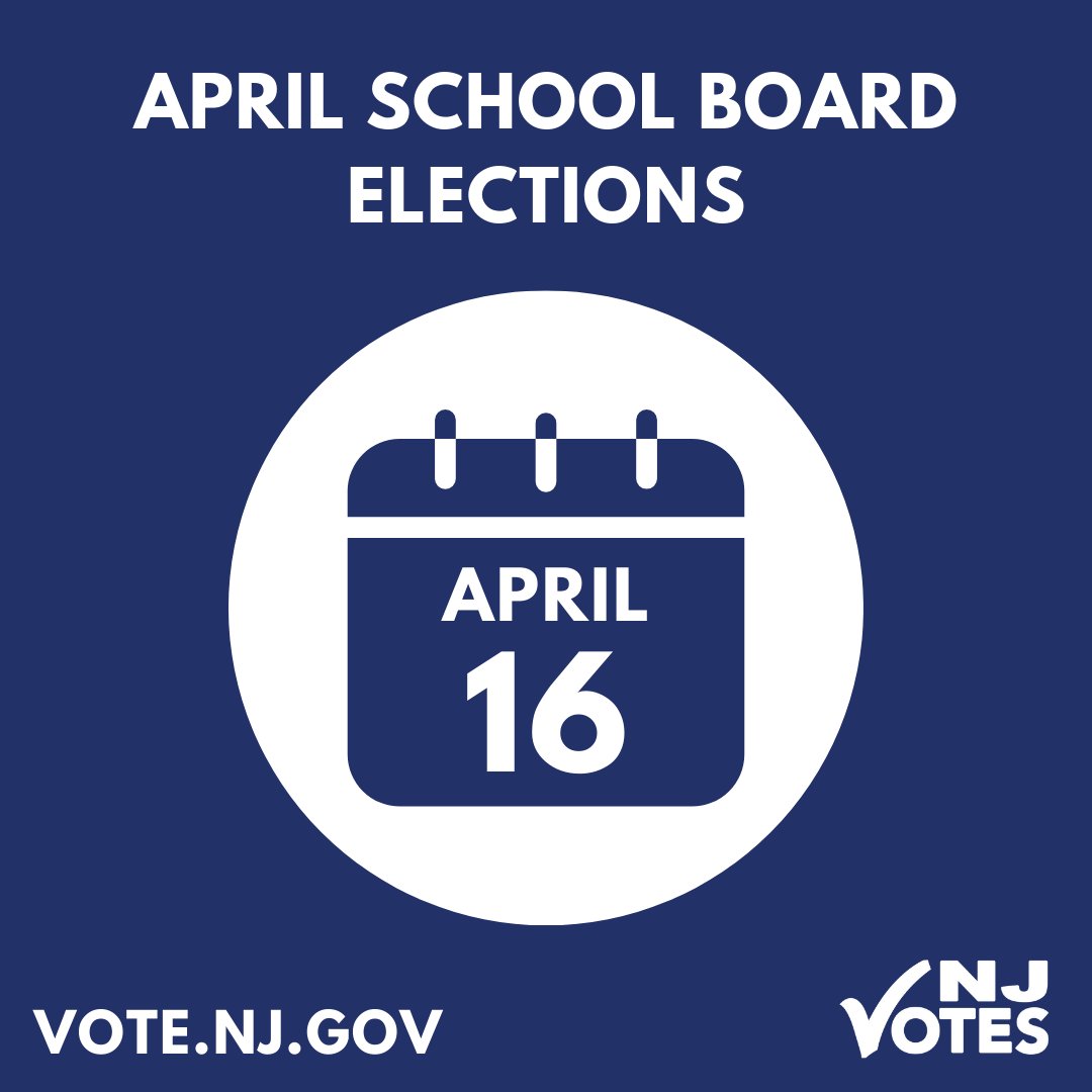 If you plan on voting by mail in the April School Board Elections, Monday, April 15 by 3PM is the deadline to pick up a mail-in ballot application. Tuesday, April 16 is Election Day! More info at Vote.NJ.Gov. #NJVotes