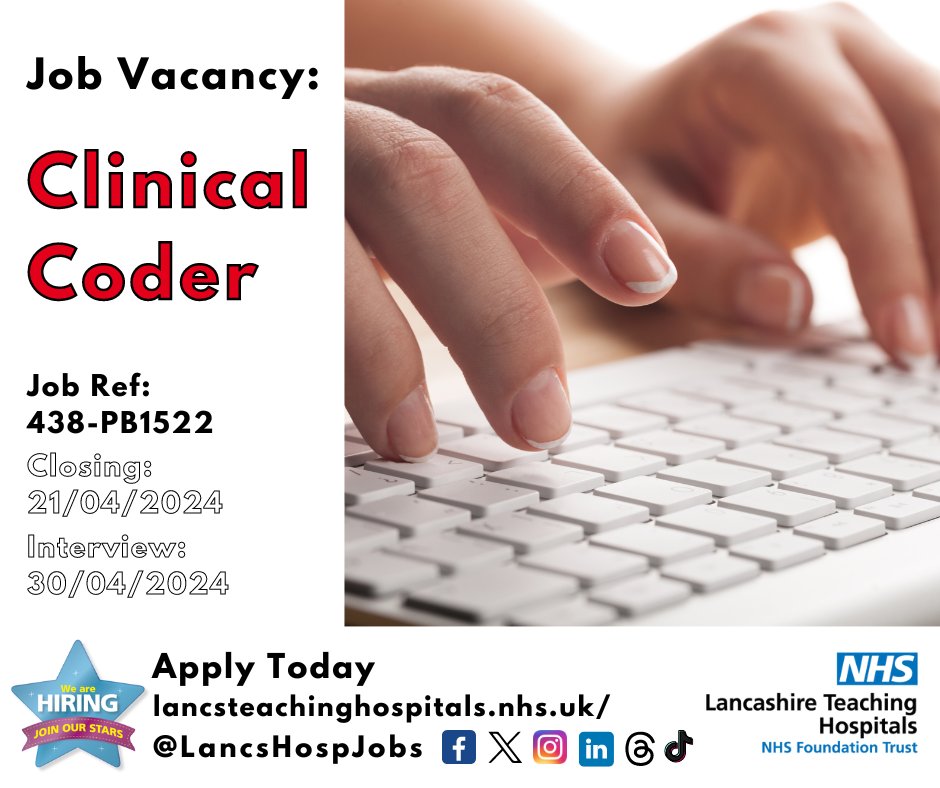 LancsHospJobs's tweet image. Job Vacancy: Clinical Coder @LancsHospitals
⏰Closes: 21/04/2024
Read more and apply: lancsteachinghospitals.nhs.uk/join-our-workf…
#NHS #NHSjobs #ClinicalCoder #Lancashire #Preston #ClinicalCoding