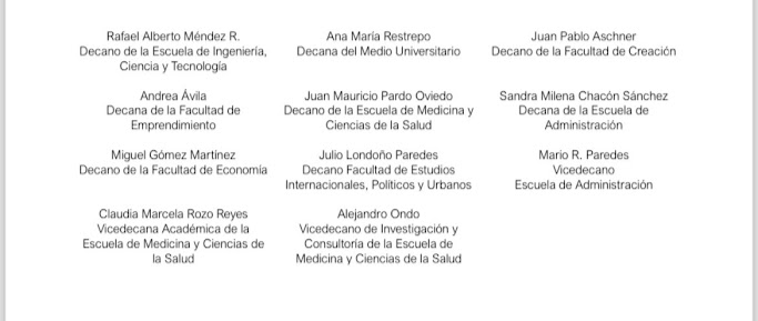 Queremos agradecer y felicitar a las decanas Adriana Alzate, Laura García y Carolina Pardo Diaz por no prestar su firma para defender a Alejandro Cheyne. La comunidad las recordará por su valentía.
