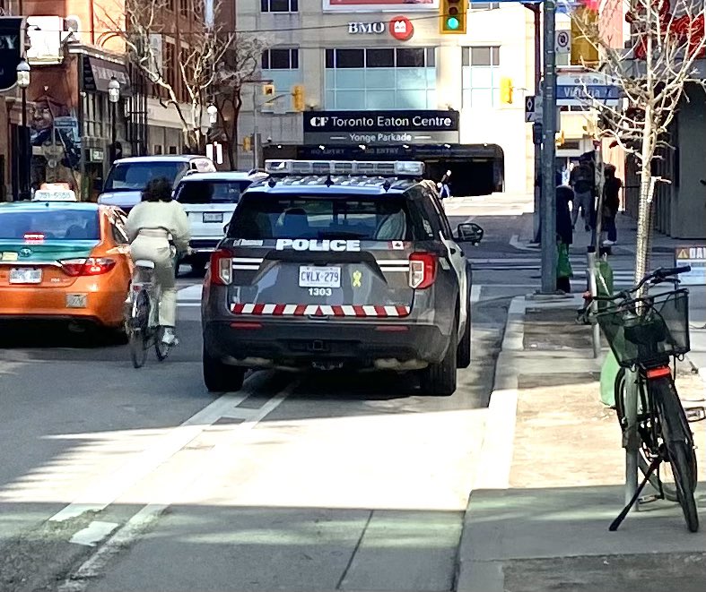 All the damn time. @TPSOperations parked empty in a bike lane, cyclists forced to go around it into traffic, no apparent emergency (but a Starbucks around the corner?)