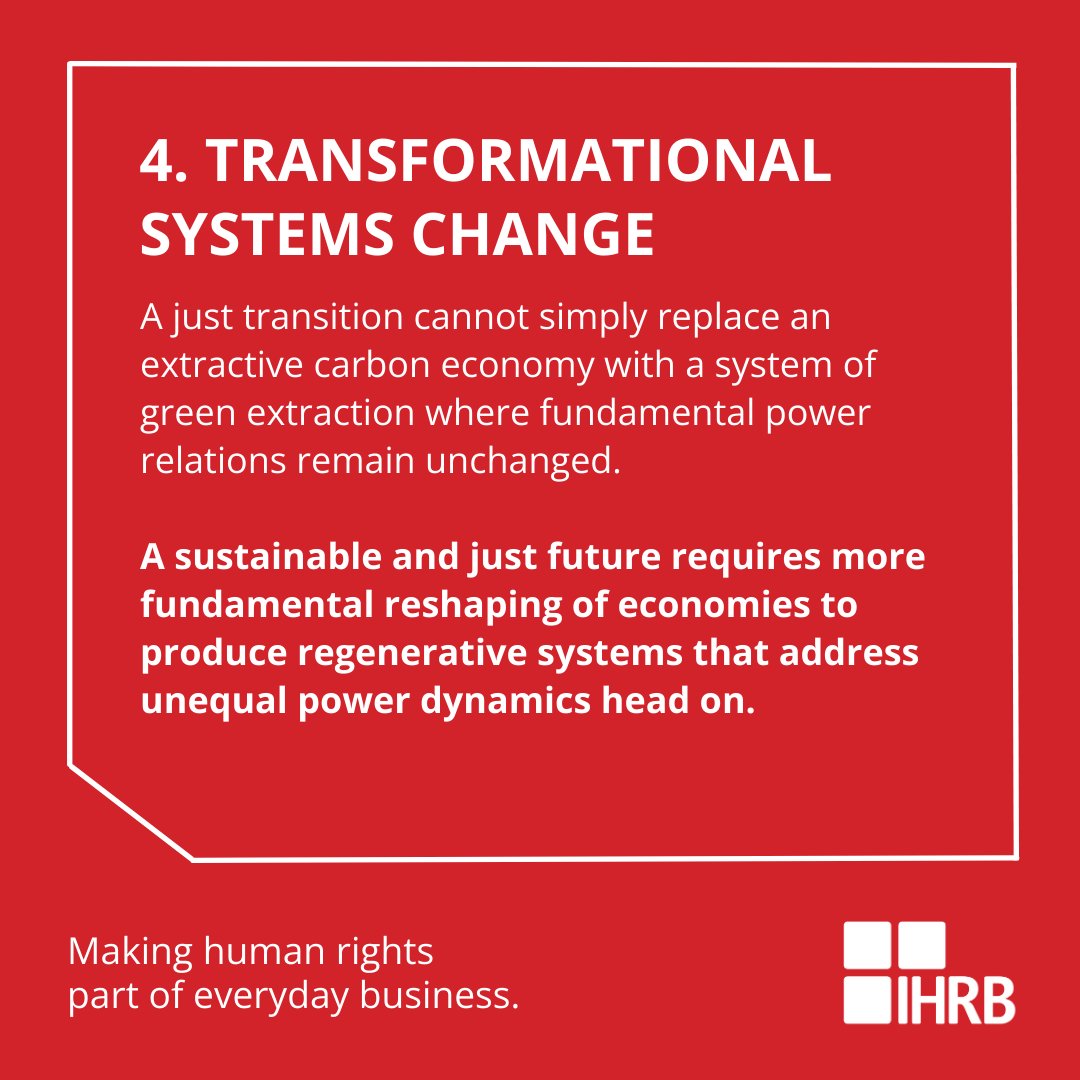 The approach to #decarbonisation must respect #humanrights while promoting sustainable development, the eradication of poverty, and the creation of decent work and quality jobs. Read about the 4 elements needed to safeguard the 'just' in #justtransition: ihrb.org/explainers/wha…