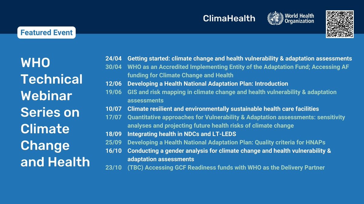 🚨 New: Save the dates for @WHO's upcoming technical webinar series on #ClimateChange and #Health Each webinar will be conducted twice to accommodate different time zones, and interpretation will be available in French, Arabic and Spanish Register: who.int/news-room/even…