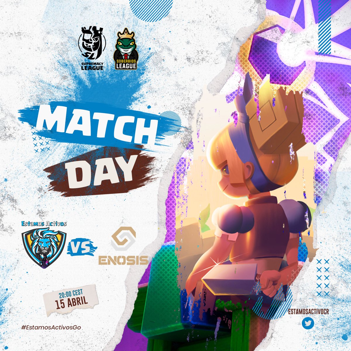 🌐#ClashRoyale | #MatchDay

🏆|<a href="/CR_Supremacy/">Supremacy League</a> &amp; <a href="/SoberbiosL_2024/">Soberbios League 🐸</a>
🎯|Bracket - Qualifier 1
🆚|<a href="/EnosisCR/">Enosis eSports</a>
🕰️|15:00 🇦🇷 | 20:00 🇭🇺

📺|twitch.tv/WachateElShow

🦁|#EstamosActivosGo

🗣️|#Staff

👩|<a href="/Vanne10G/">Vănnë</a>
🧑🏻‍🍳|@JorgeLightCR
🎙️|<a href="/BastianShow11/">Wachate el Show</a> 

👨‍💼|#CEOs

👩‍💼|@PipyTheBest
👨‍💼|<a href="/OsitosEsports/">Ositos eSports</a>