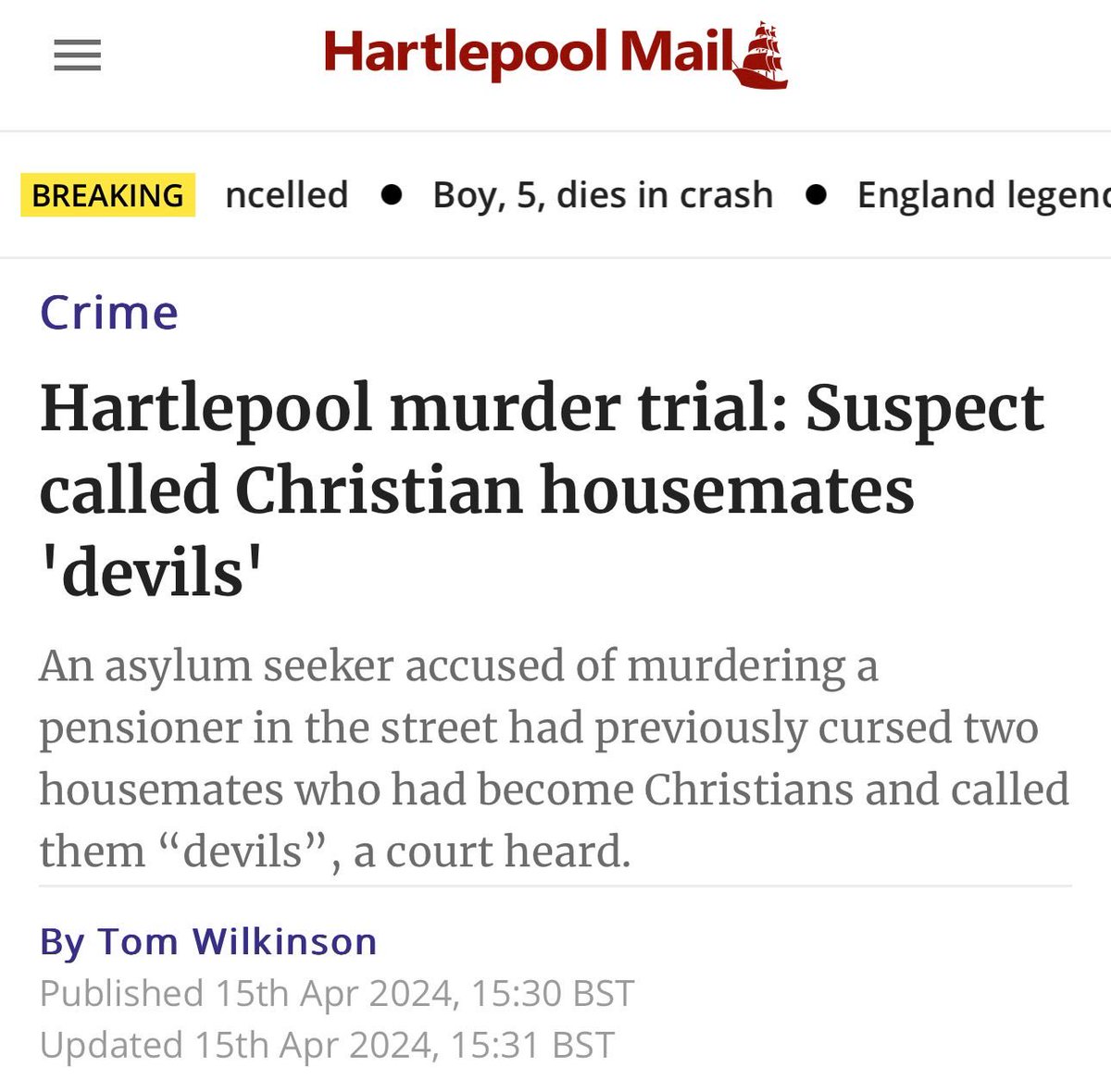 Appalling: 

Christianity is our foundation religion

Asylum seeker thinks we are devils as takes our money, hospitality and allegedly murders a Hartlepool pensioner