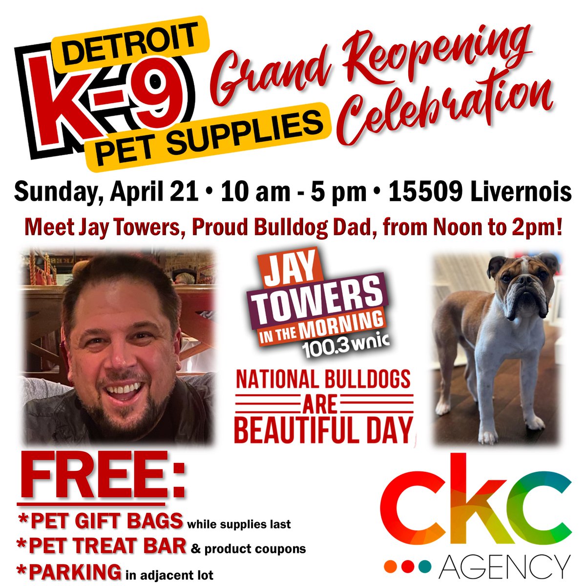 Hey, pet lovers! Meet @1003WNIC’s @JayTowers this Sunday at @k9Detroit’ grand reopening celebration at its new Livernois location! Lots of fun, freebies, and great deals! #CKCAgencyClient