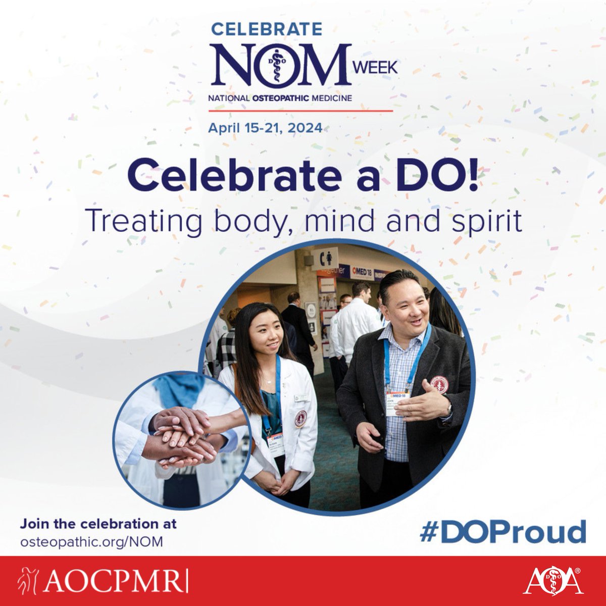 This National Osteopathic Medicine Week, we honor the osteopathic physicians, DOs, and osteopathic medical students who bring a distinctive body-mind-spirit approach to patient care. Thank you for your dedication to holistic healthcare.

#NOMWeek #AOCPMR #HolisticHealing