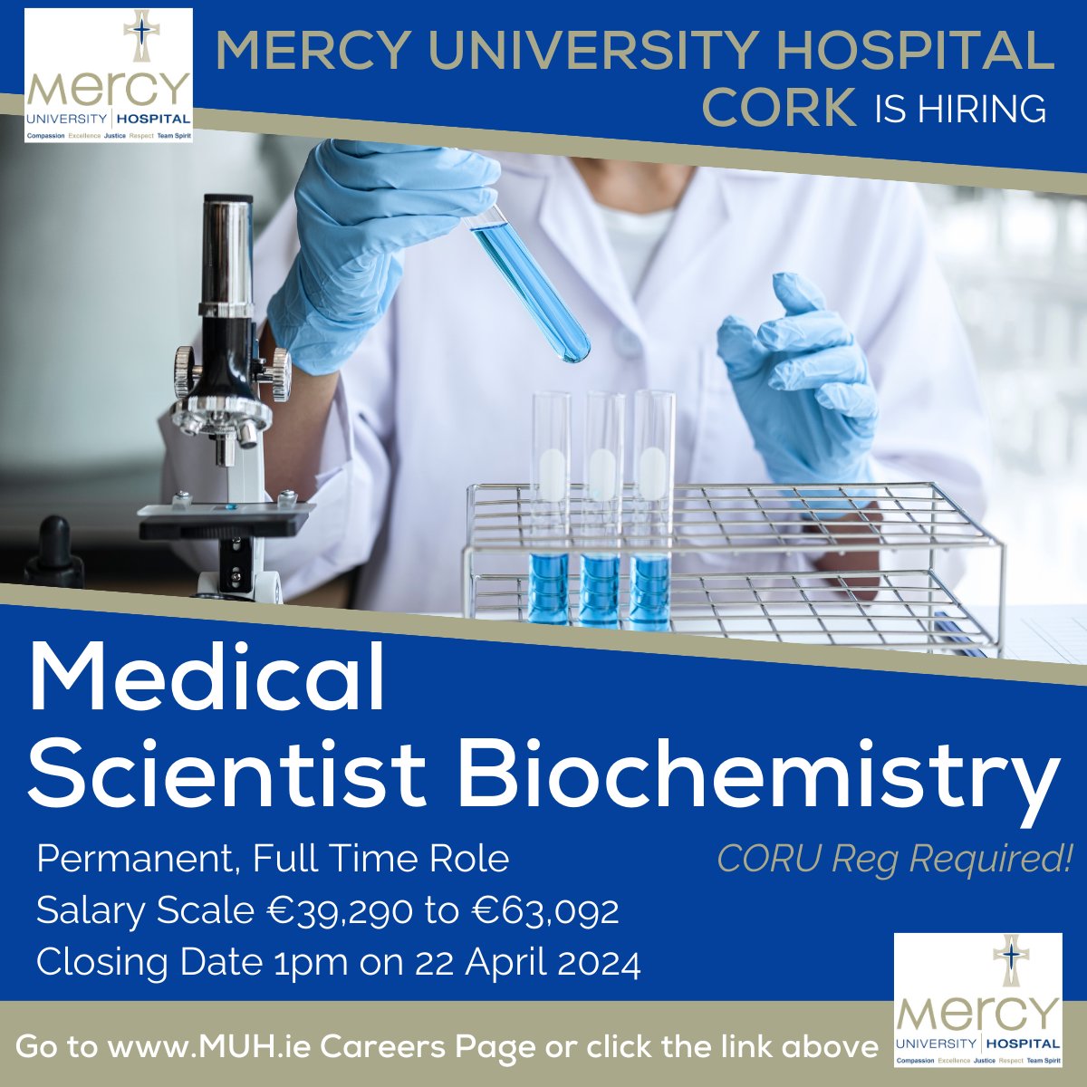 Are you a #MedicalScientist #Biochemistry looking for a new challenge? @MercyCork are currently recruiting for a permanent, full time role. Click here for more details: api.occupop.com/shared/job/med… . Apply before the April 22 deadline! #CORU #CorkHospital #NHSJobs #HSEJobs