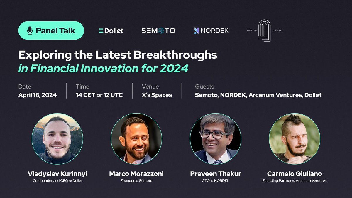 🔥 Explore the Latest Breakthroughs in Financial Innovation for 2024. Join us! 👇

📅 April 18 | 12 UTC
📍 x.com/i/spaces/1BdGY… 
🎙 Speakers: <a href="/Semoto_io/">Semoto</a>, <a href="/pkthakur11/">Praveen Thakur</a>, <a href="/MELOWILD/">MELO (villain arc)</a>, <a href="/V_dollet/">Vladyslav</a> 

Don't miss this exciting event! Set a reminder.