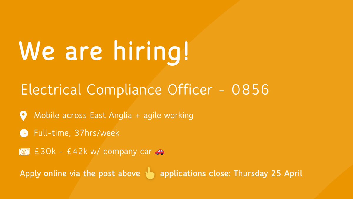 Now #hiring an Electrical Compliance Officer. Find out more & apply below! 👇 Ref: 0856 🕔 37hrs/week, Mon-Fri | 💷 £30k - £42k | 📅 deadline 25 April | 📍 #mobile across East Anglia + agile working | 🔗 ce0636li.webitrent.com/ce0636li_webre… #compliance #assetmanagement #FlagshipGroup