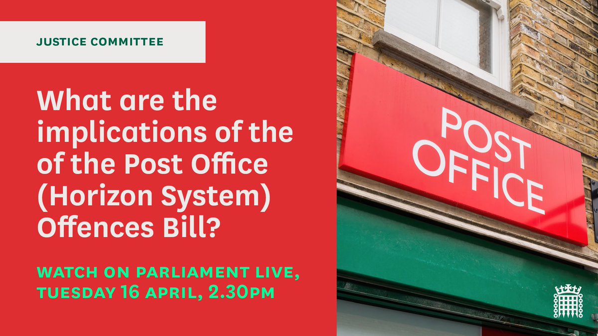 Relating to the Post Office Horizon IT scandal, we'll scrutinise the Government's proposed legislation to quash the convictions of sub-postmasters. At 2.30pm on 16 April, we'll hear from legal experts in a hearing being broadcast on Parliament Live: parliamentlive.tv/Event/Index/9d…