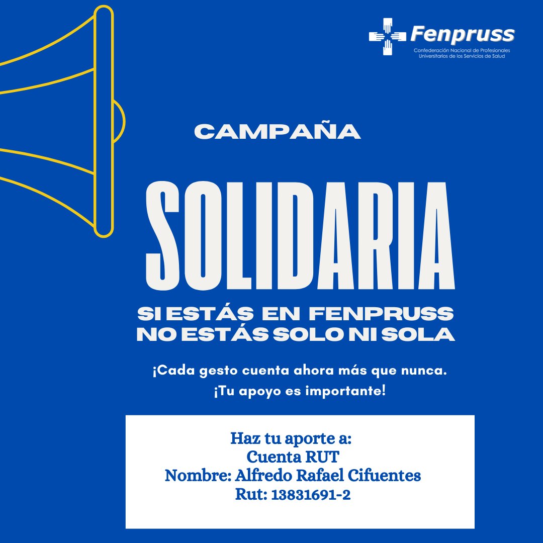 #SolidaridadFenpruss Porque en Fenpruss somos solidarios:
Francisco y Edith, queridos compañeros de la Base de Chanco, de El Maule, lo perdieron todo en un incendio.
Súmate a nuestra Campaña Solidaria 
Colabora en la cuenta Rut:
Nombre: Alfredo Rafael Cifuentes 
Rut: 13831691-2