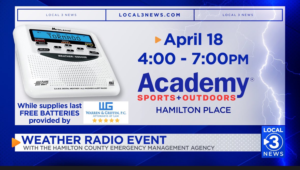 *** REMINDER *** PROGRAMMING WEATHER RADIOS! Thurs. April 18th 4-7pm at Academy Sports @ Hamilton Place. It maybe beautiful outside all this week but SPRING TIME can bring unstable weather to Hamilton Co.! It’s also makes a great birthday gift for someone who has everything!!!!
